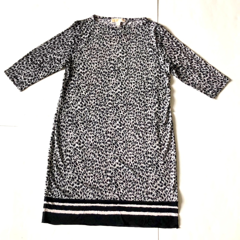 Michael Kors L Black & White Print Dress 3/4 sleeves stretch Excellent Condition
